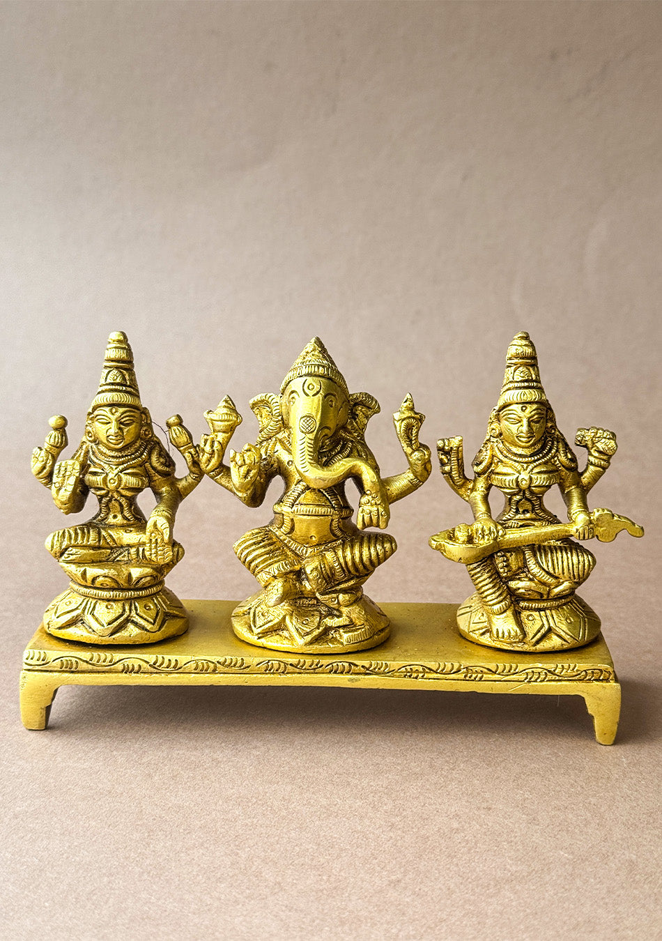 Antique Brass Lakshmi Ganesha Saraswati Trio