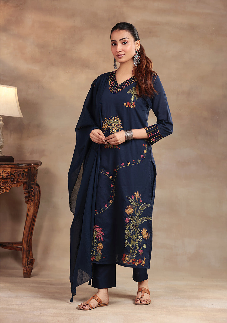Navy Bloom embroidered suit set