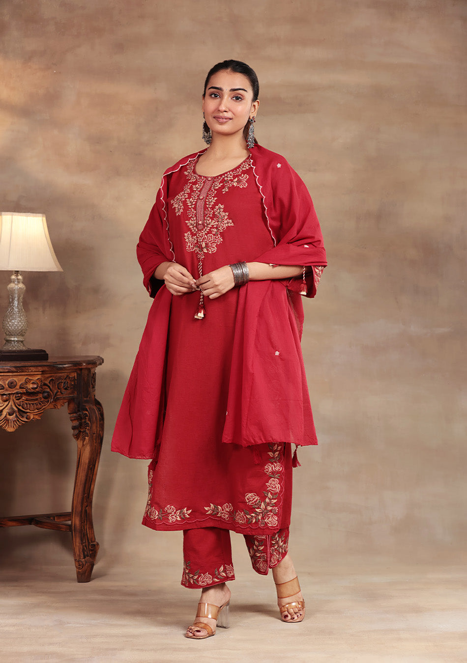 Crimson Rose Embroidered Suit Set