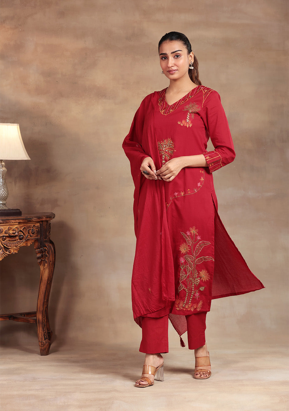 Maroon Bloom embroidered suit set