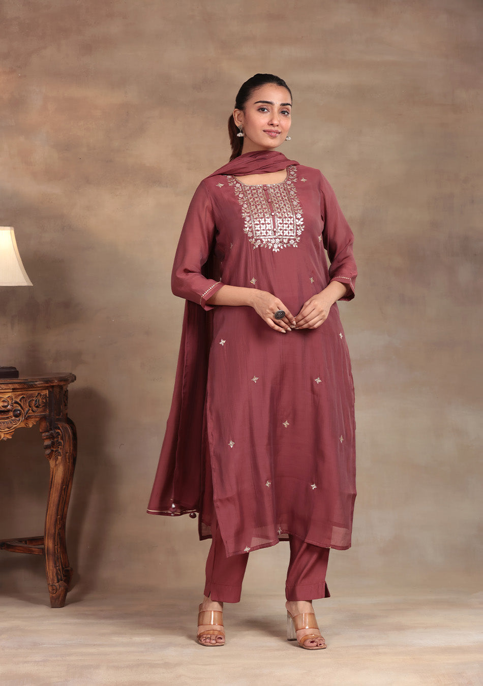 Wine Glow Embroidered Suit Set