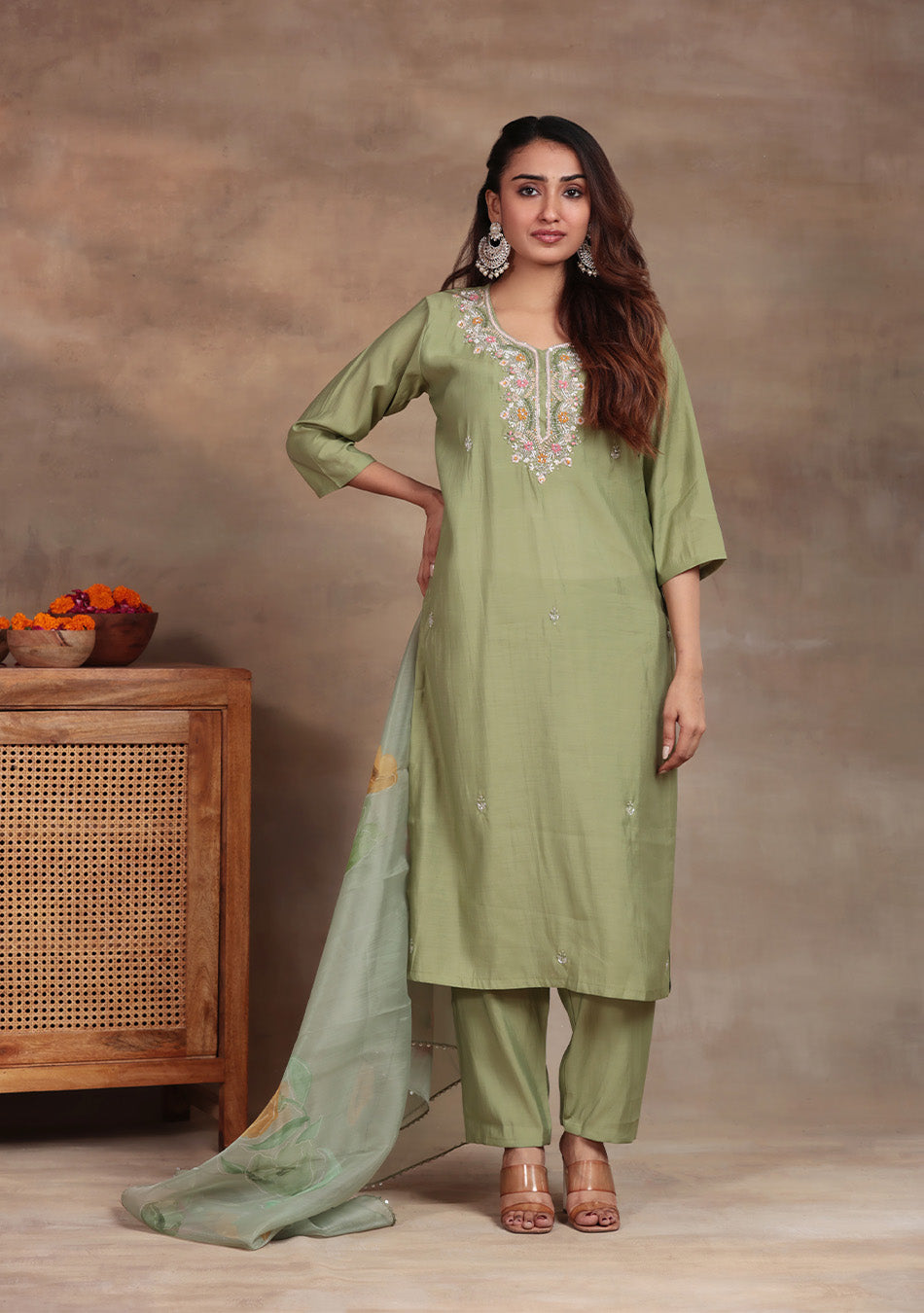 Pista Green Embroidered suit set