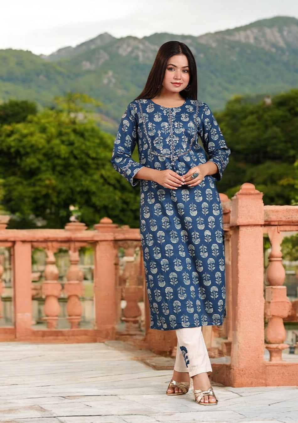 Indigo Floral Motif Suit Set