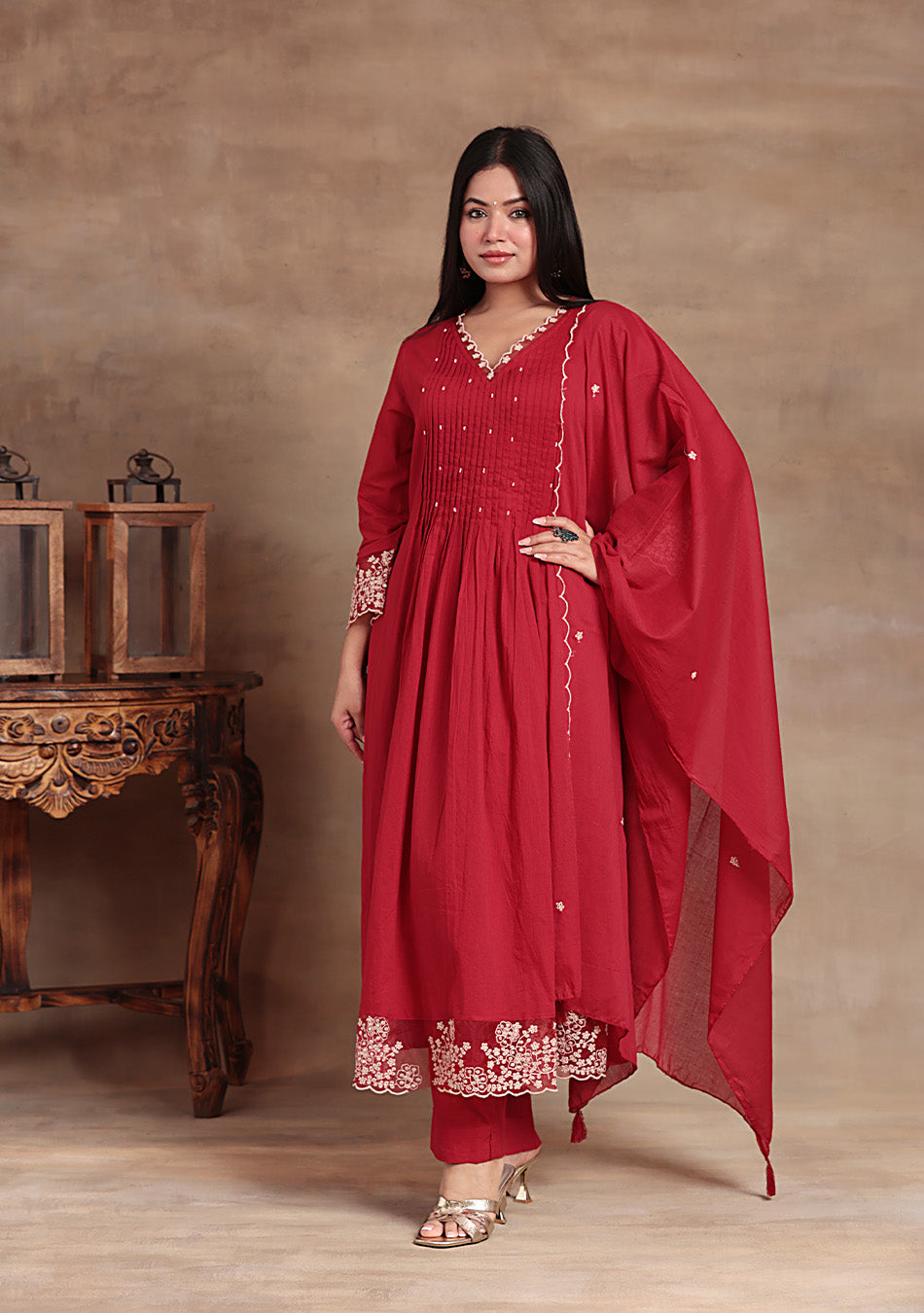 Crimson Elegance Embroidered Suit Set