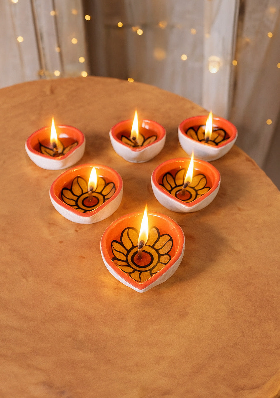 Orange Floral Diyas Set of 6