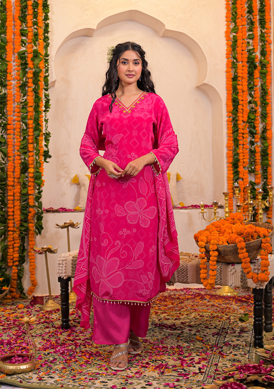Fuchsia Bloom Crepe Suit Set