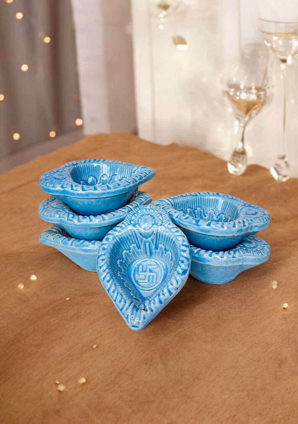 Blue Swastic Diya Set of 6