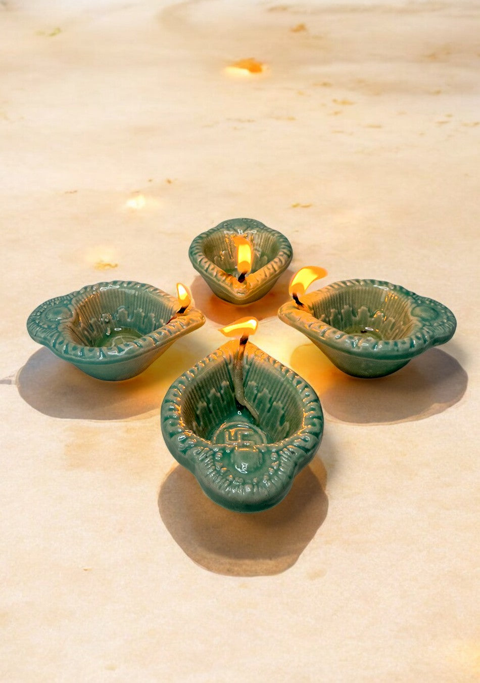 Green Swastic Diya Set of 6
