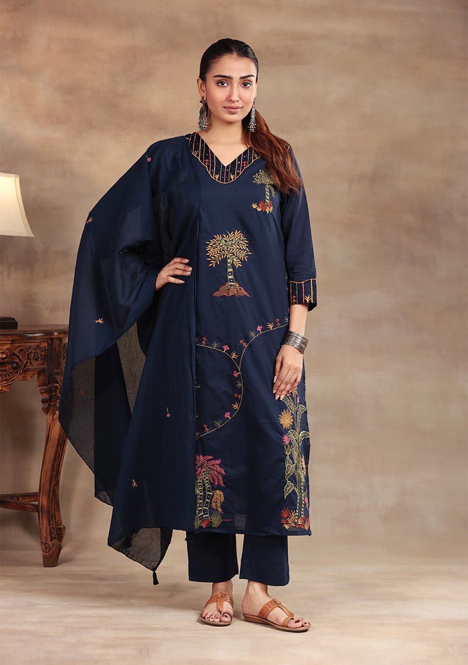 Navy Bloom embroidered suit set