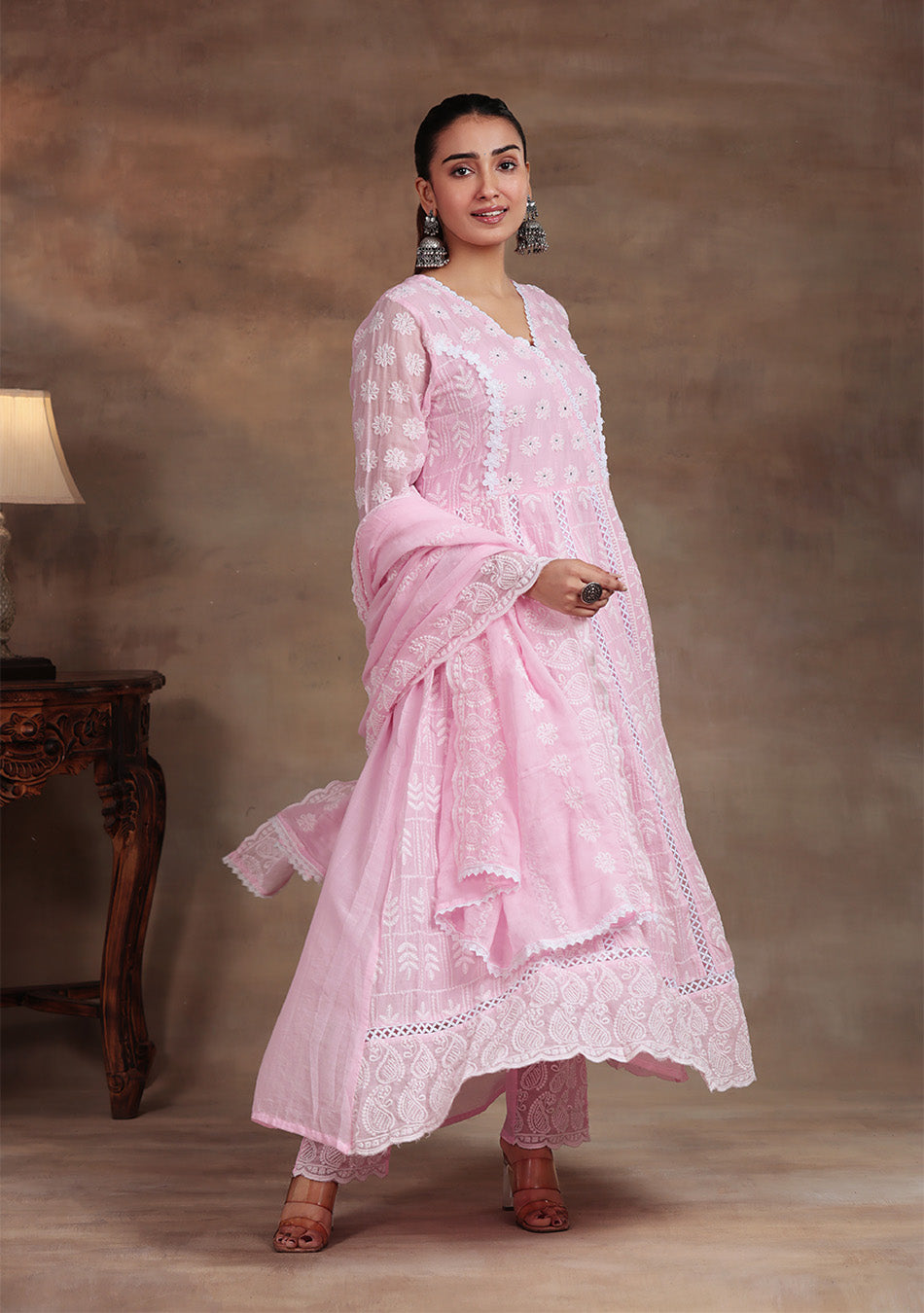 Powder Pink Floral Embroidered Suit Set