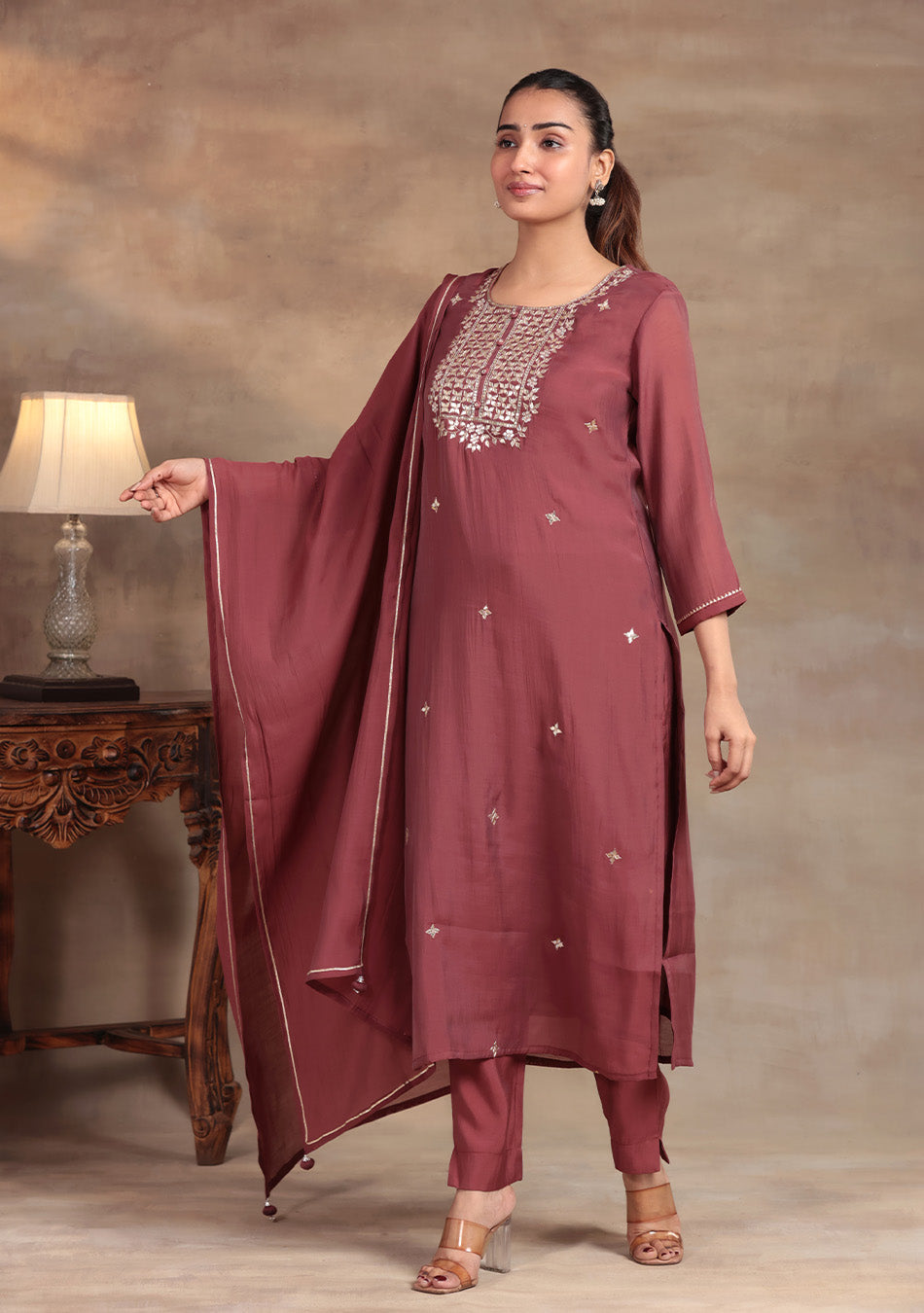 Wine Glow Embroidered Suit Set
