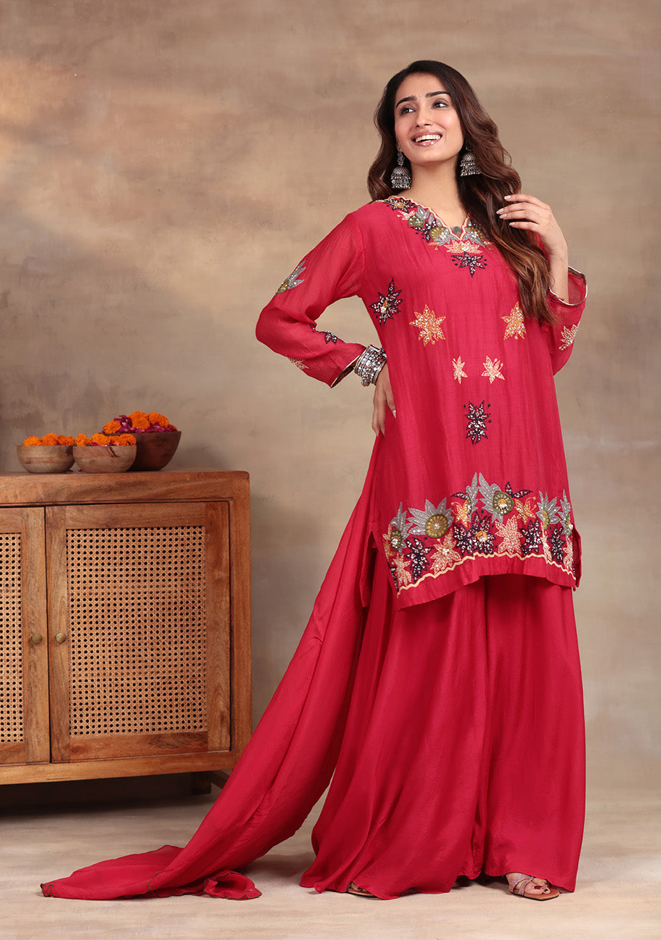 Crimson Star Hand Embroidered Sharara Set