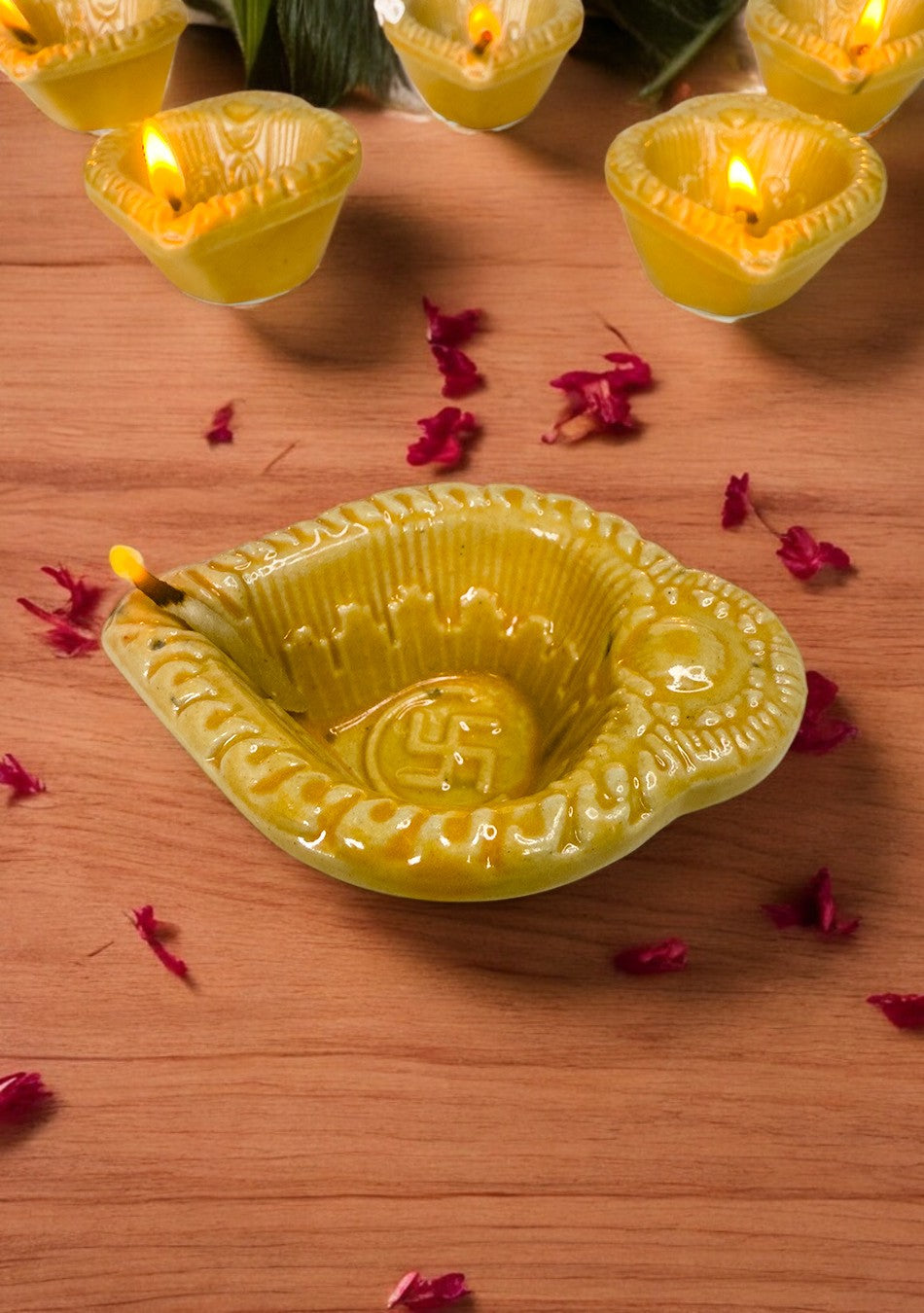 Yellow Swastic Diya Set of 6