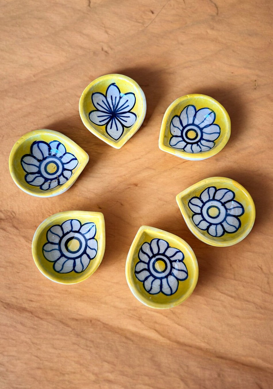 Yellow Floral Diyas Set of 6