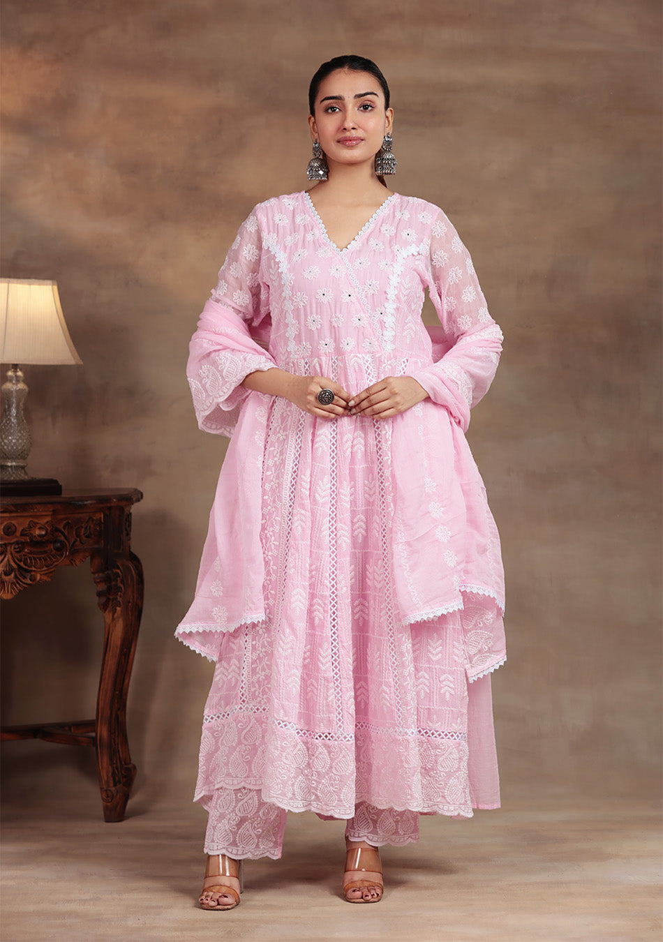 Powder Pink Floral Embroidered Suit Set