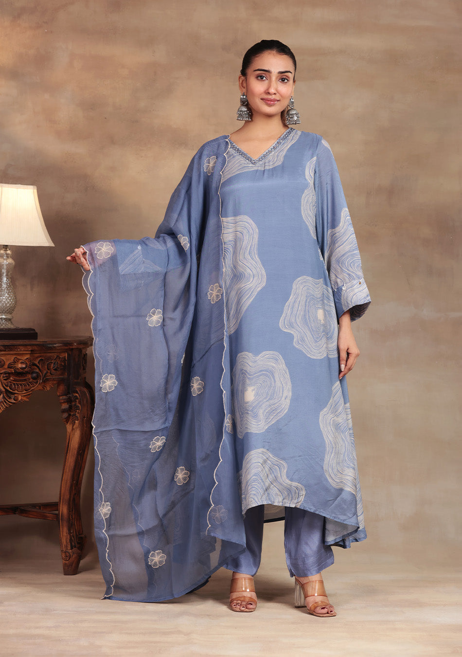 Dusty Blue Abstract print Suit Set