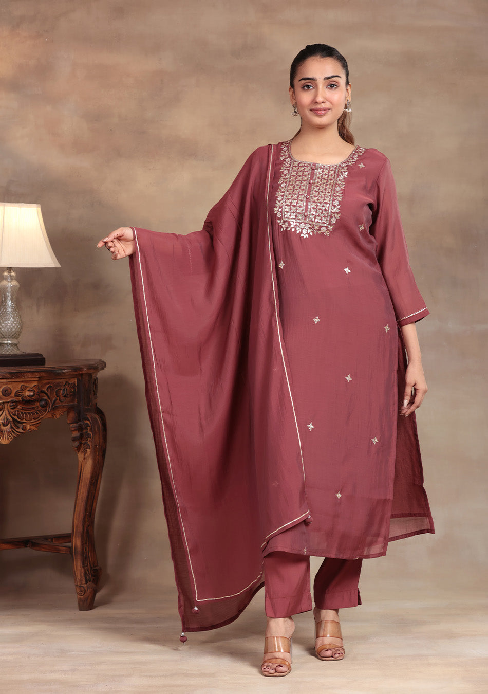Wine Glow Embroidered Suit Set