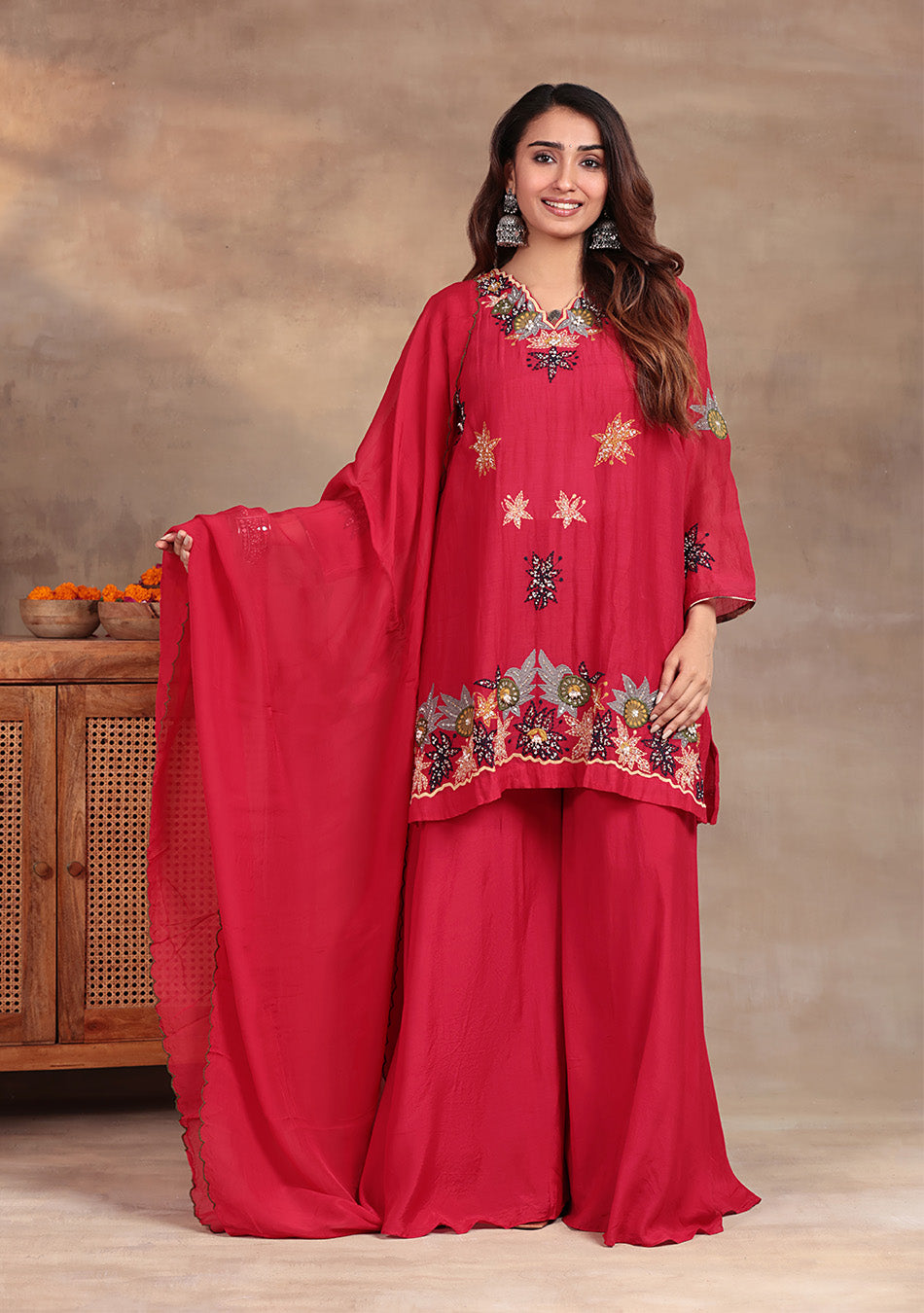 Crimson Star Hand Embroidered Sharara Set