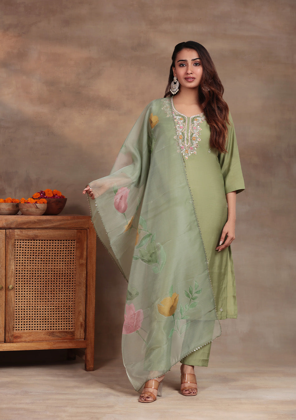 Pista Green Embroidered suit set