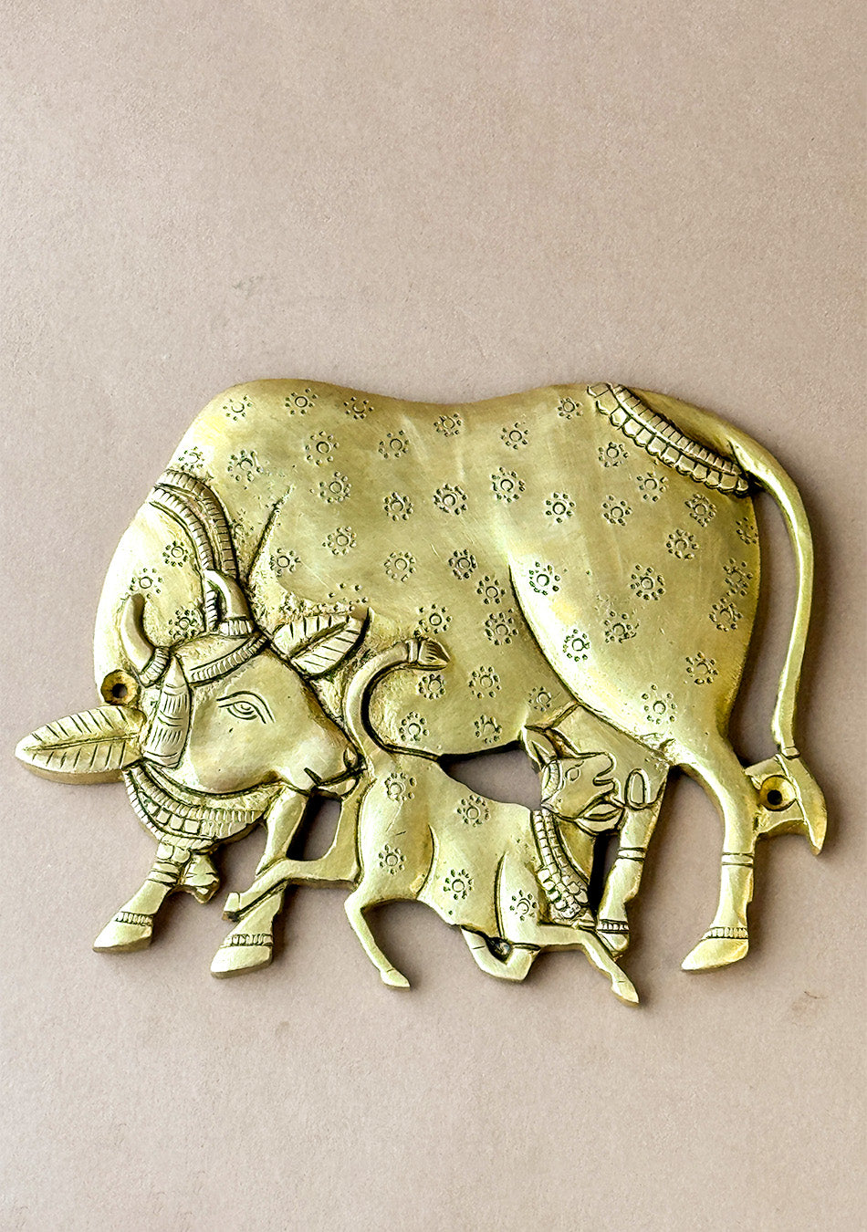 Antique Brass Kamdhenu with Calf Wall Hanging