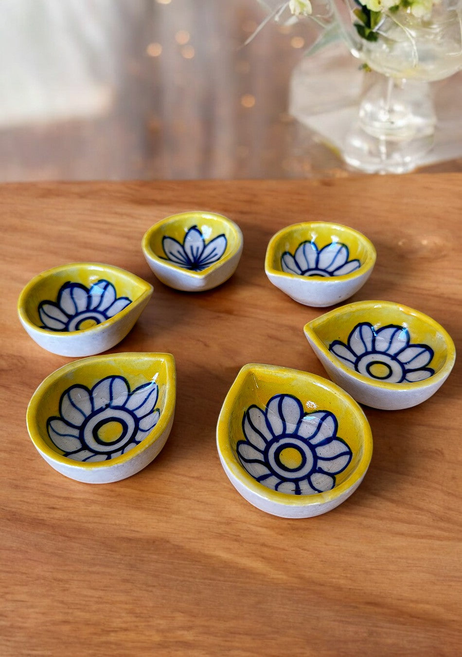Yellow Floral Diyas Set of 6