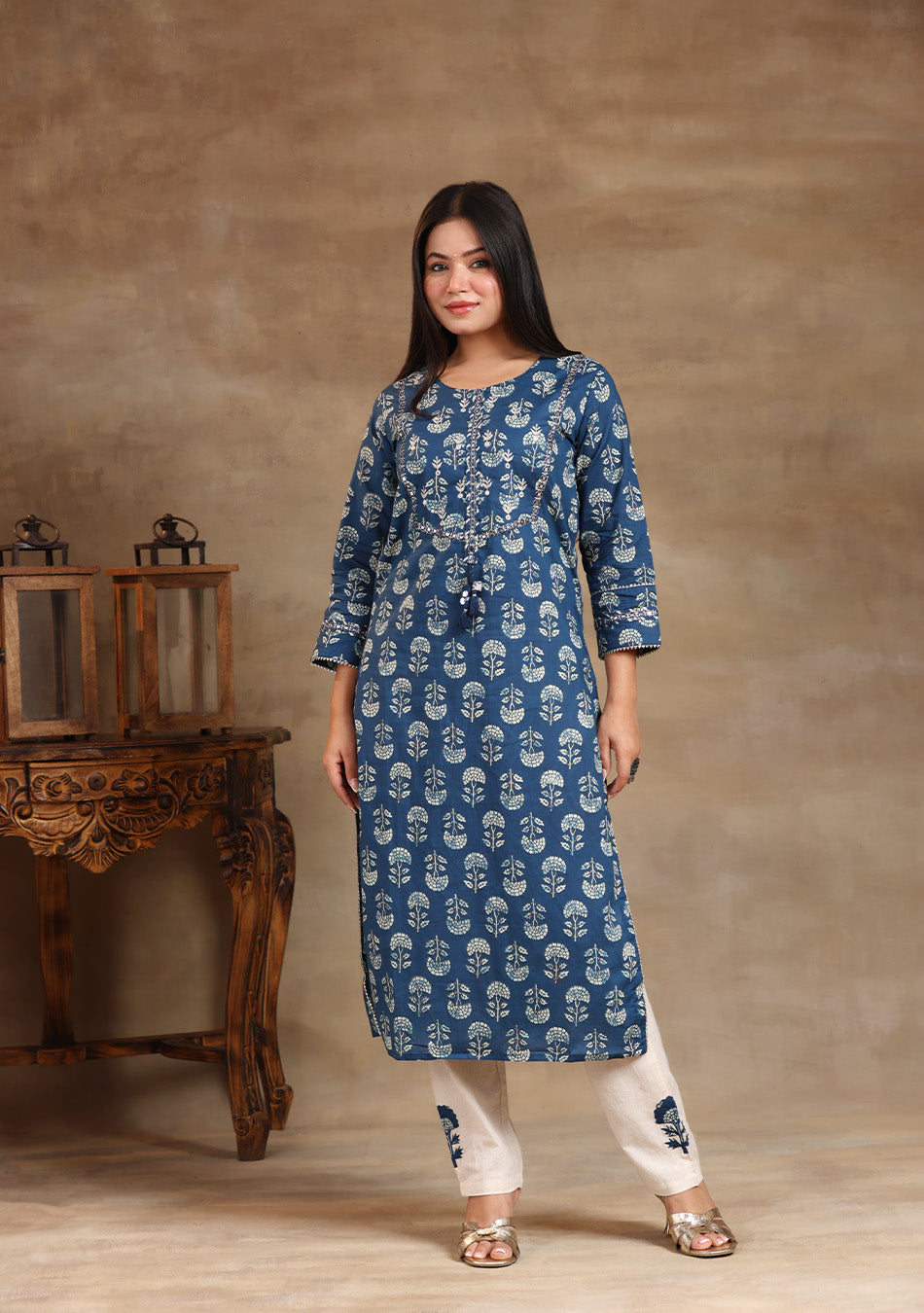 Indigo Floral Motif Suit Set