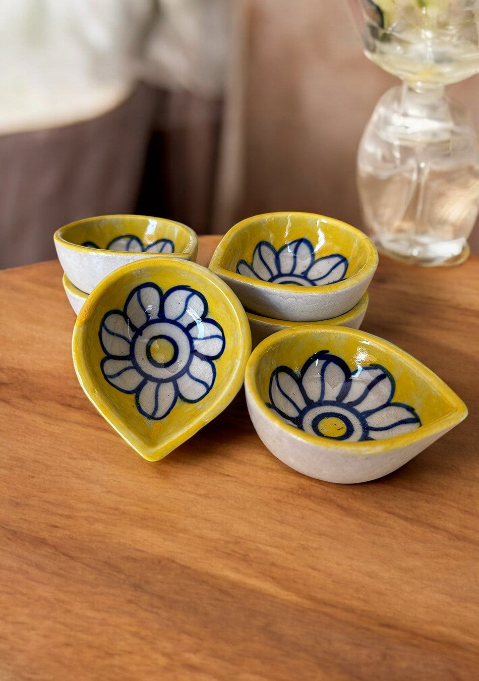 Yellow Floral Diyas Set of 6