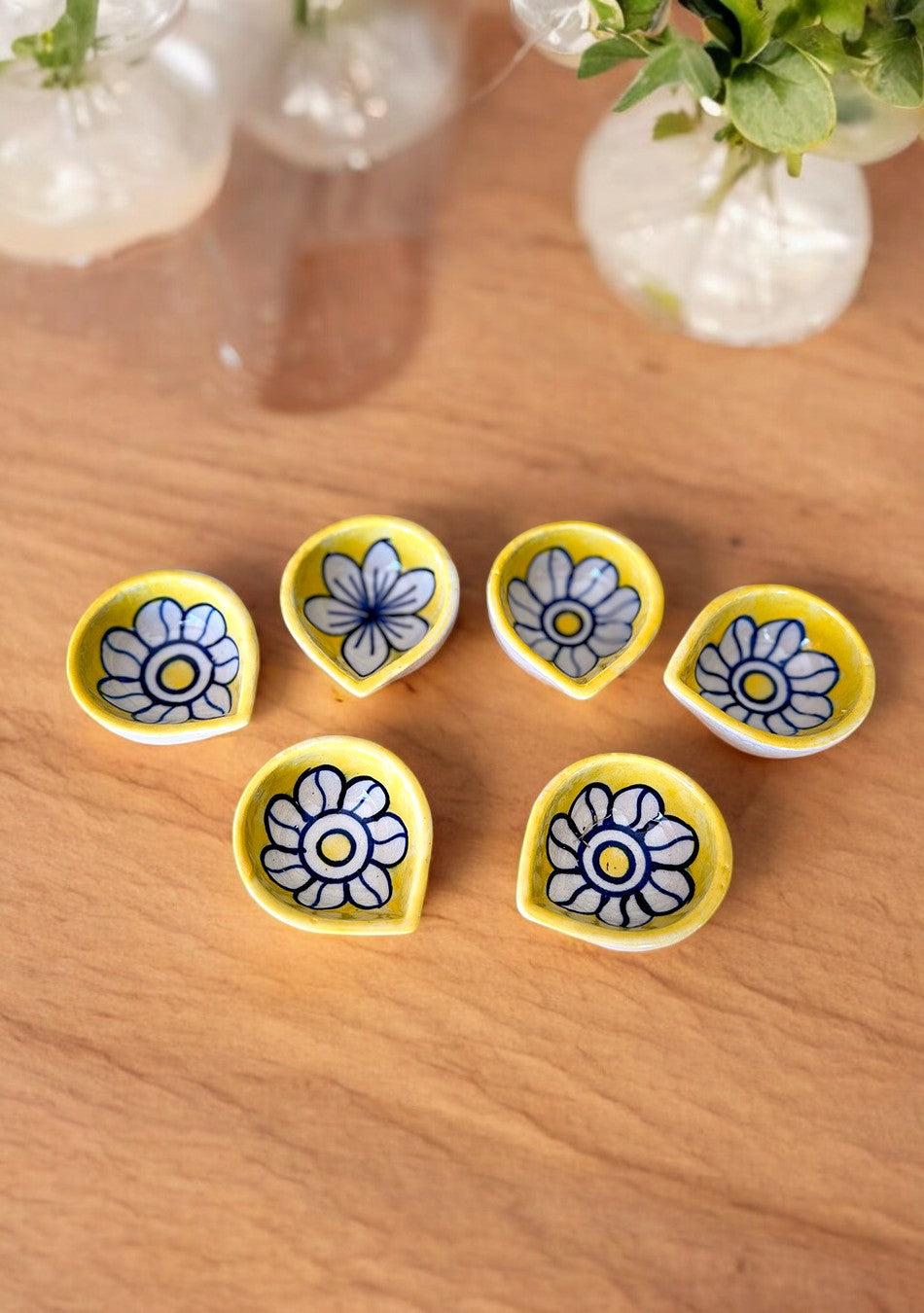 Yellow Floral Diyas Set of 6