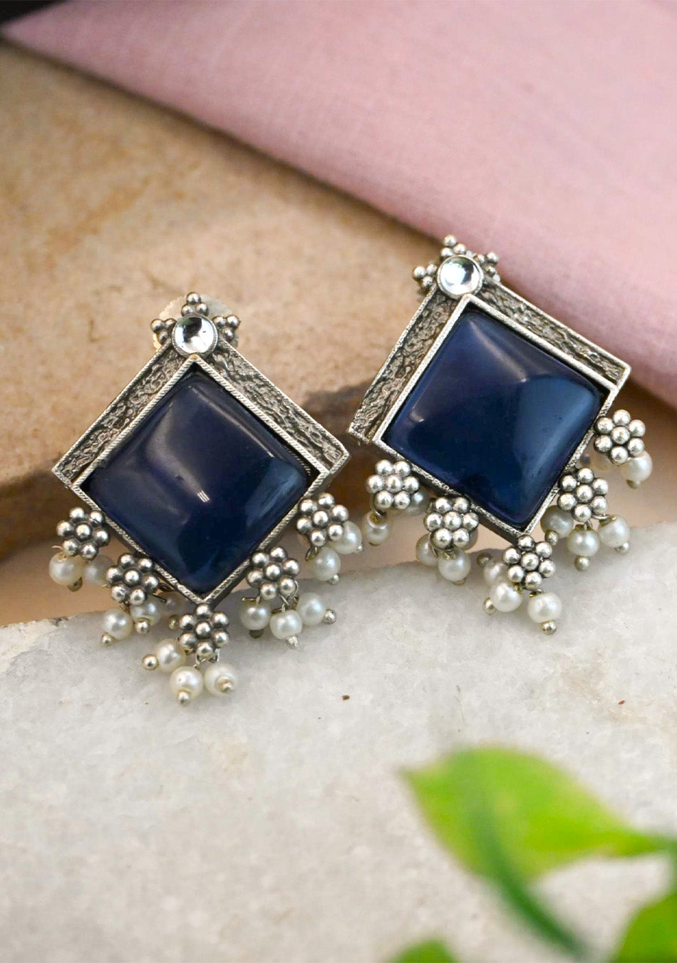 Navy Square Studs Earrings