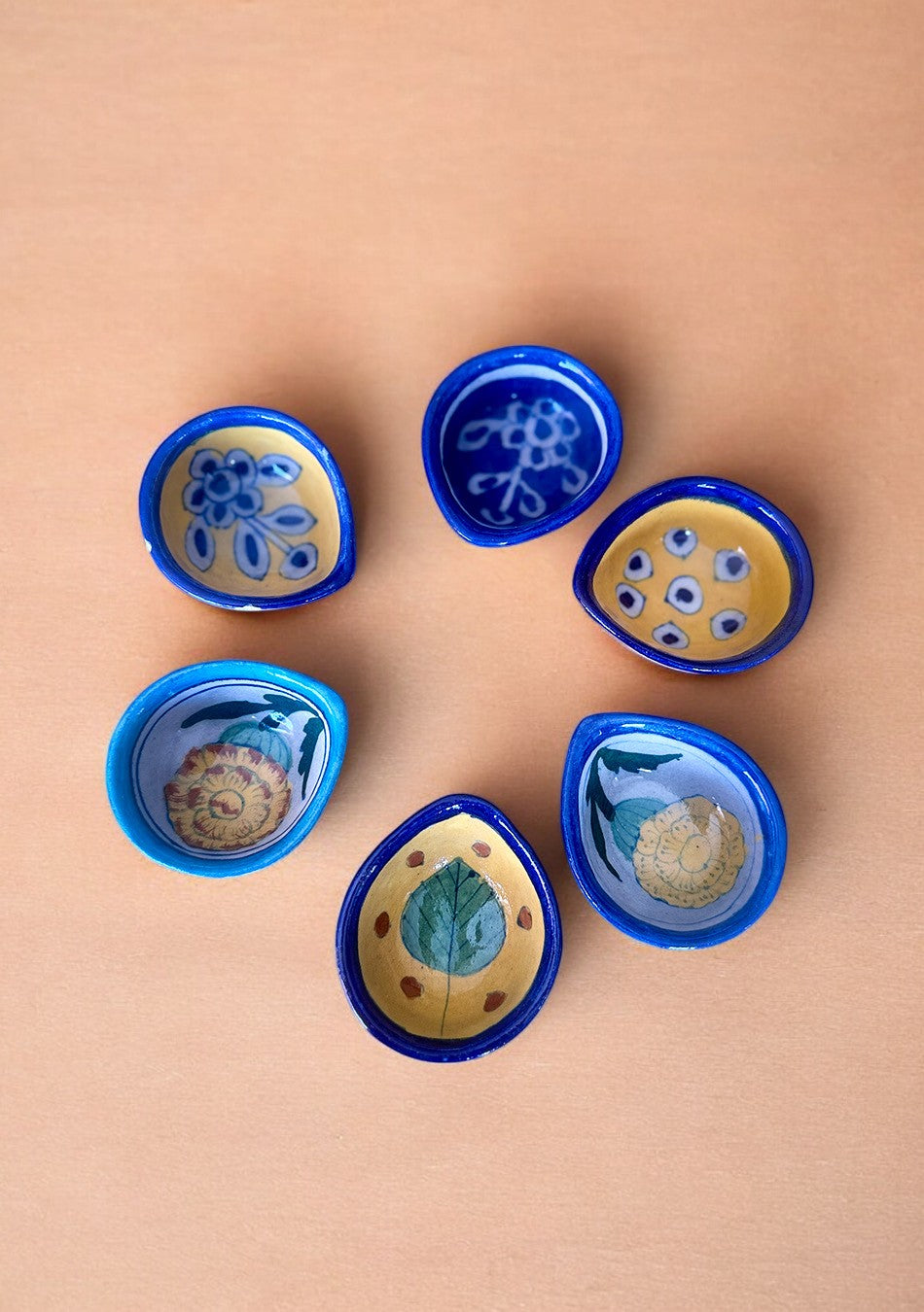 Blue Pottery Flower Design Diya - Set of 6