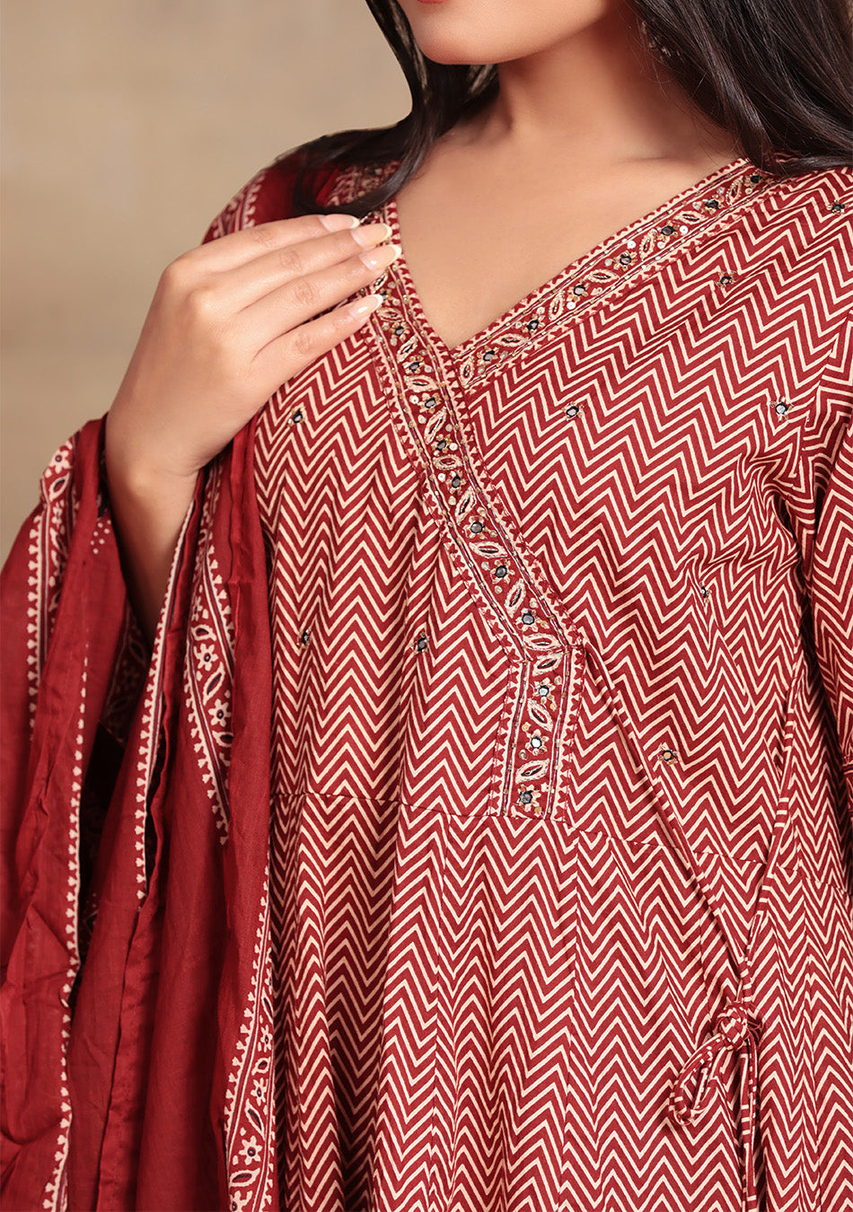 Rust Zig-Zag anarkali suit Set