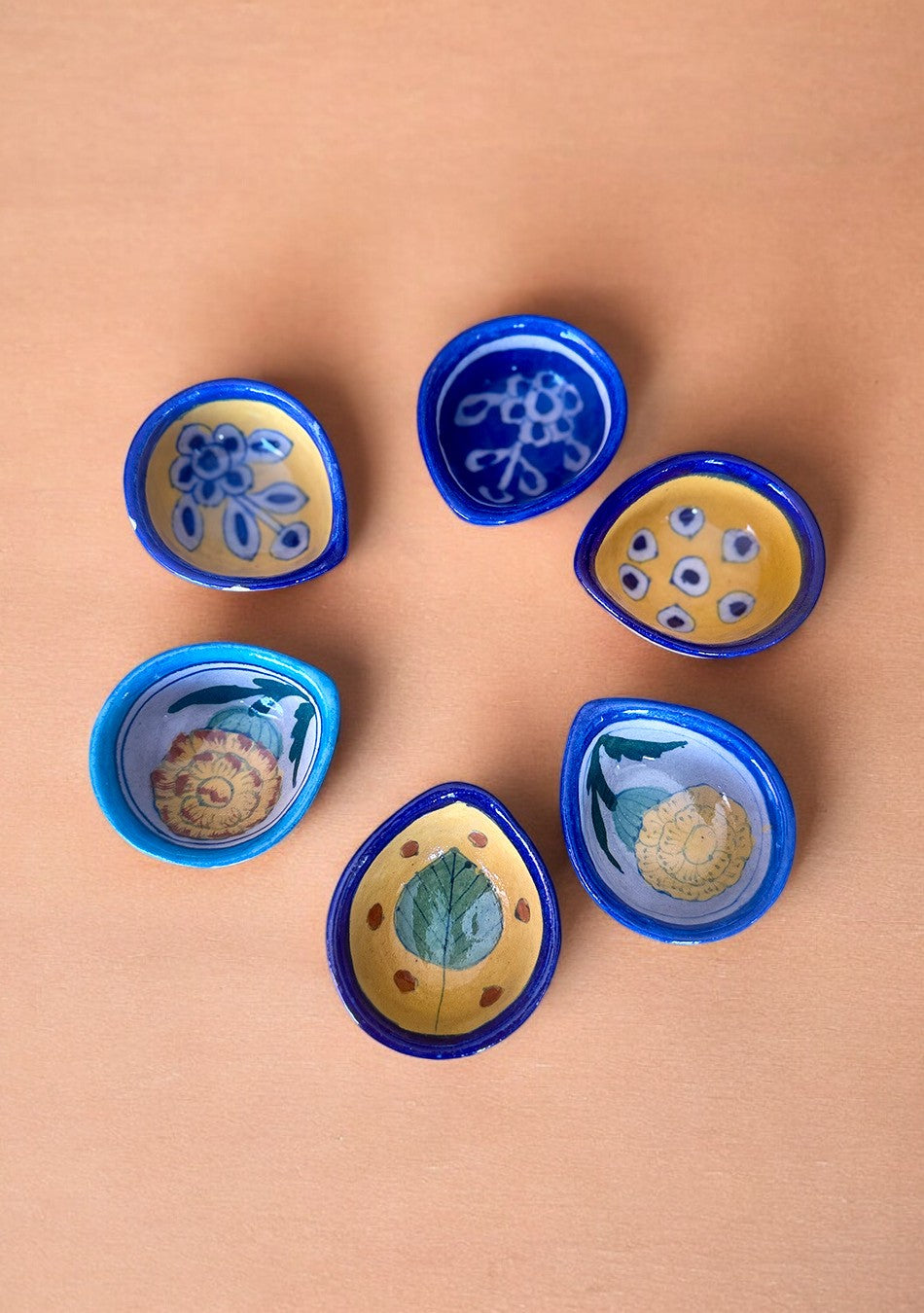 Blue Pottery Flower Design Diya - Set of 6