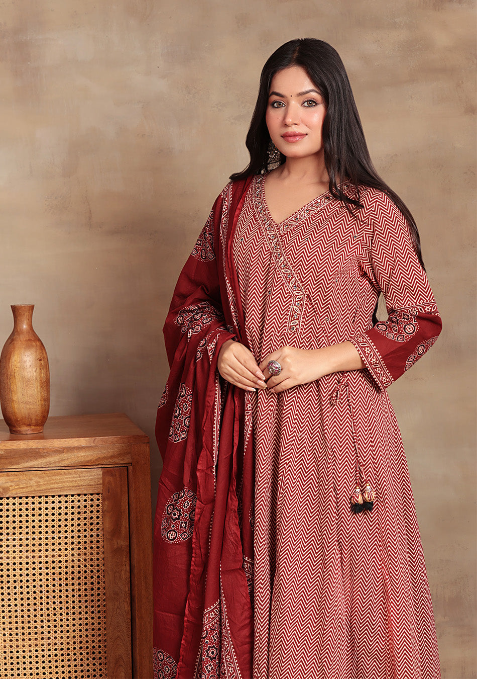 Rust Zig-Zag anarkali suit Set