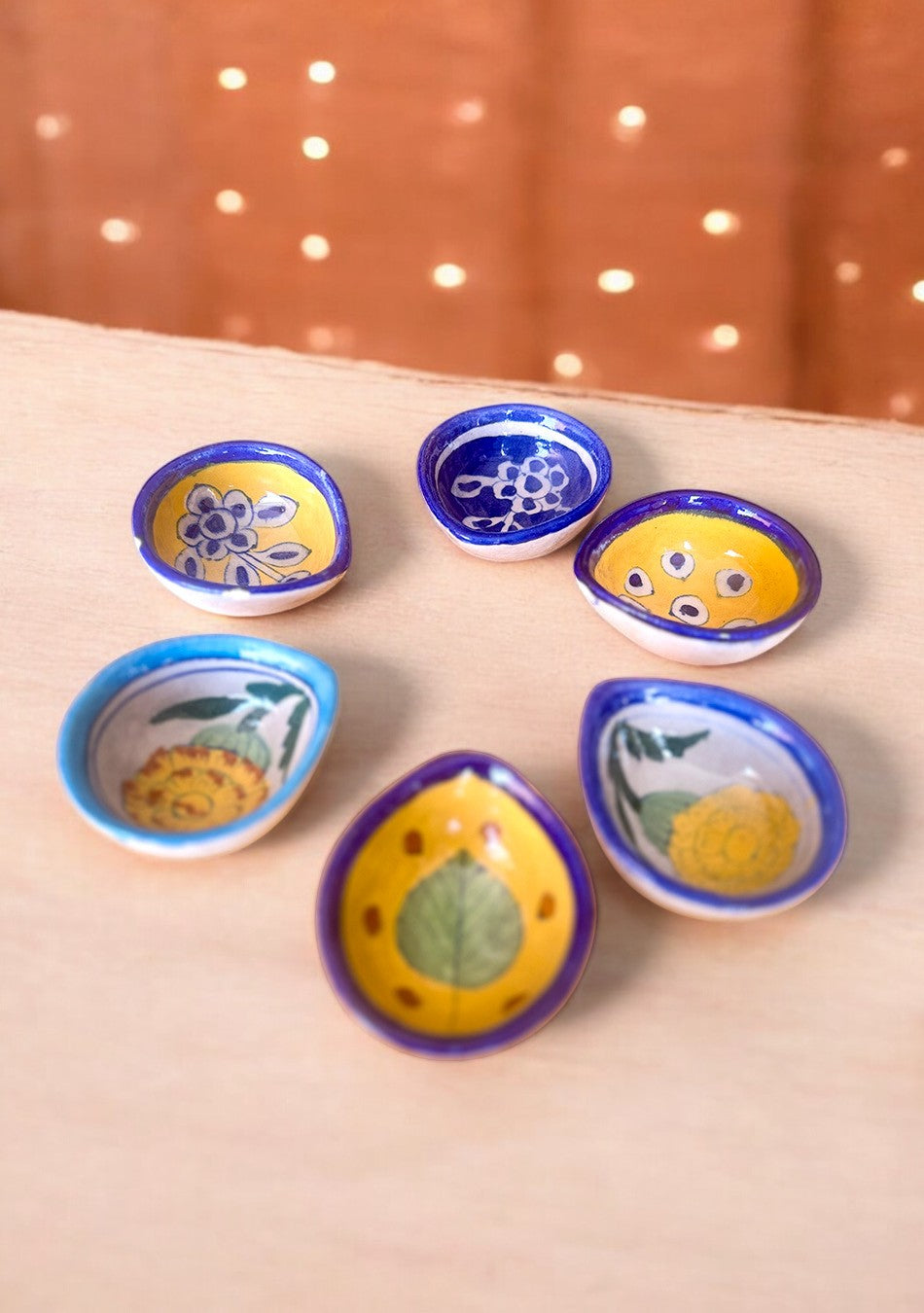 Blue Pottery Flower Design Diya - Set of 6
