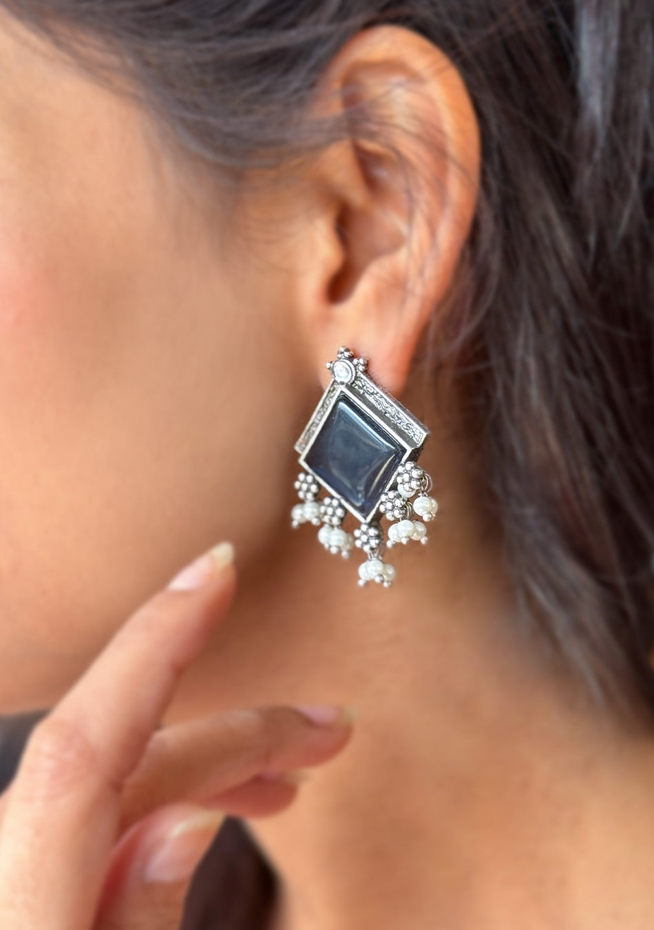 Navy Square Studs Earrings