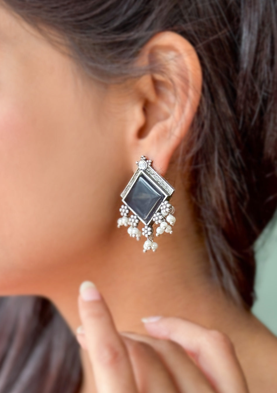 Navy Square Studs Earrings