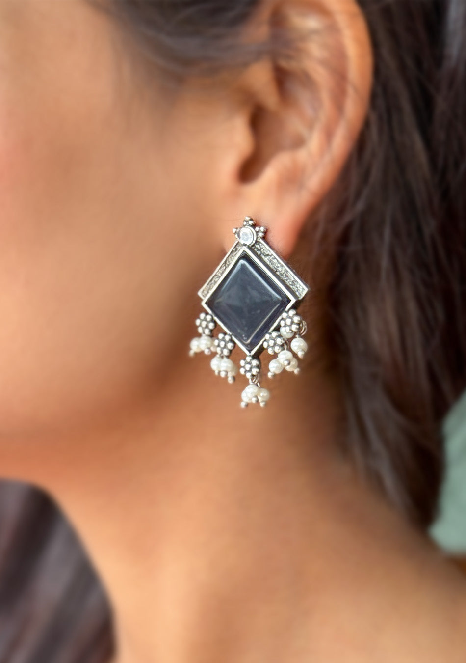 Navy Square Studs Earrings