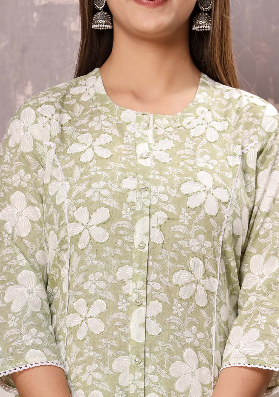 Green-White Floral Print Kurta Pant Set with Dupatta