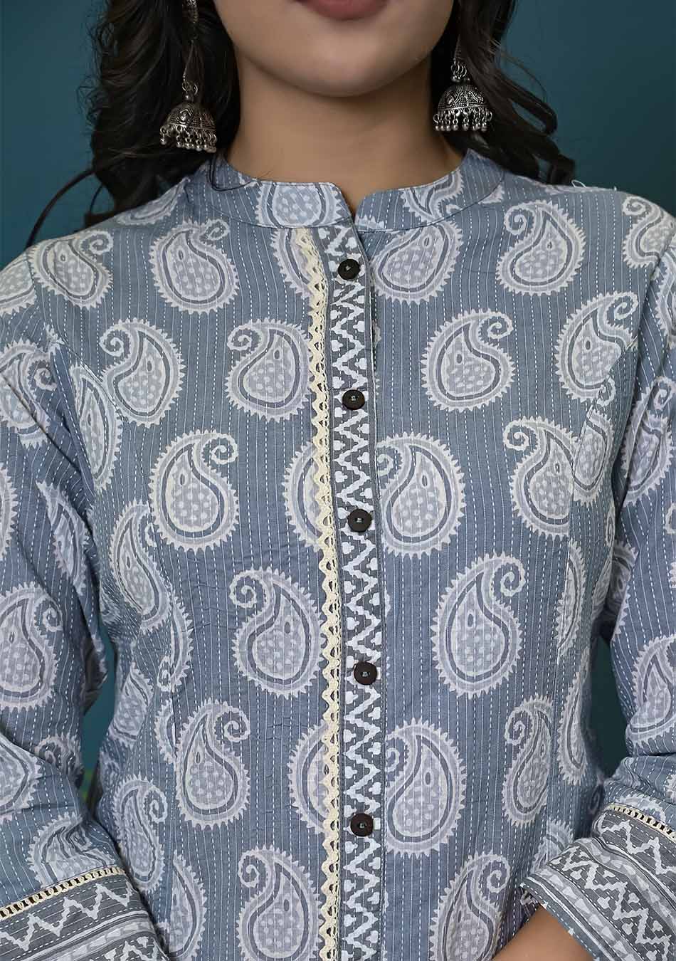 Grey Paisley Print Kurta