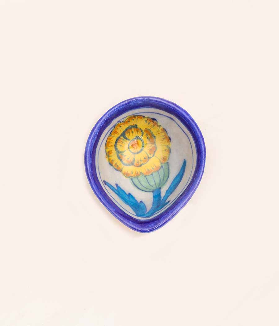 Blue Pottery Traditional Yellow Flower Design Diya