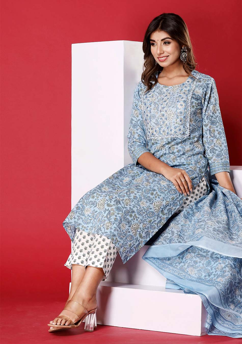 Sky Blue Floral Print Kurta Pant Set with Dupatta