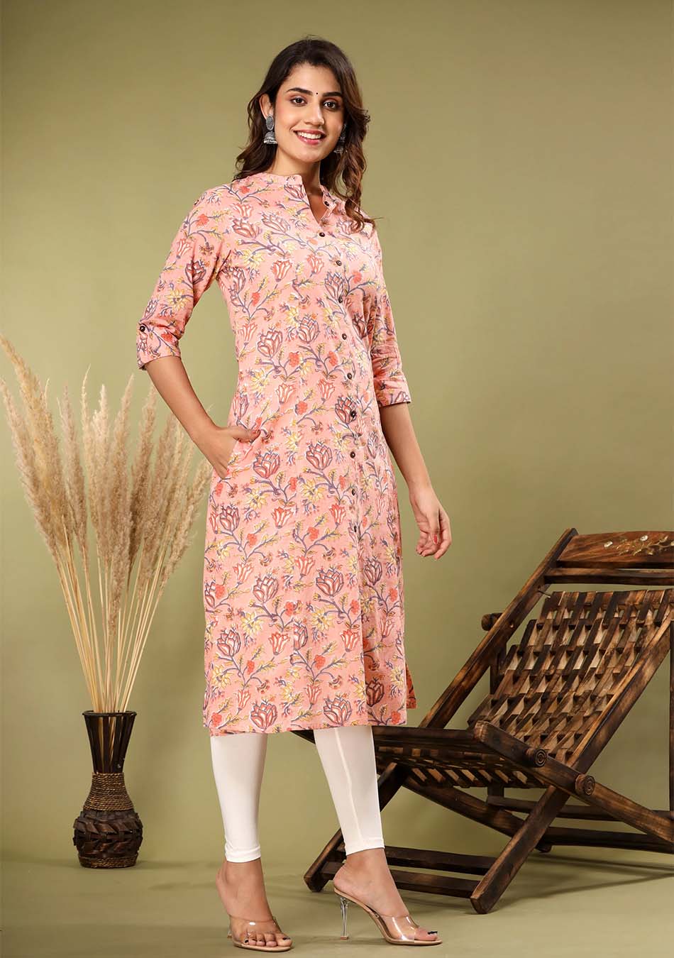 Hand block orange Floral Print Kurta