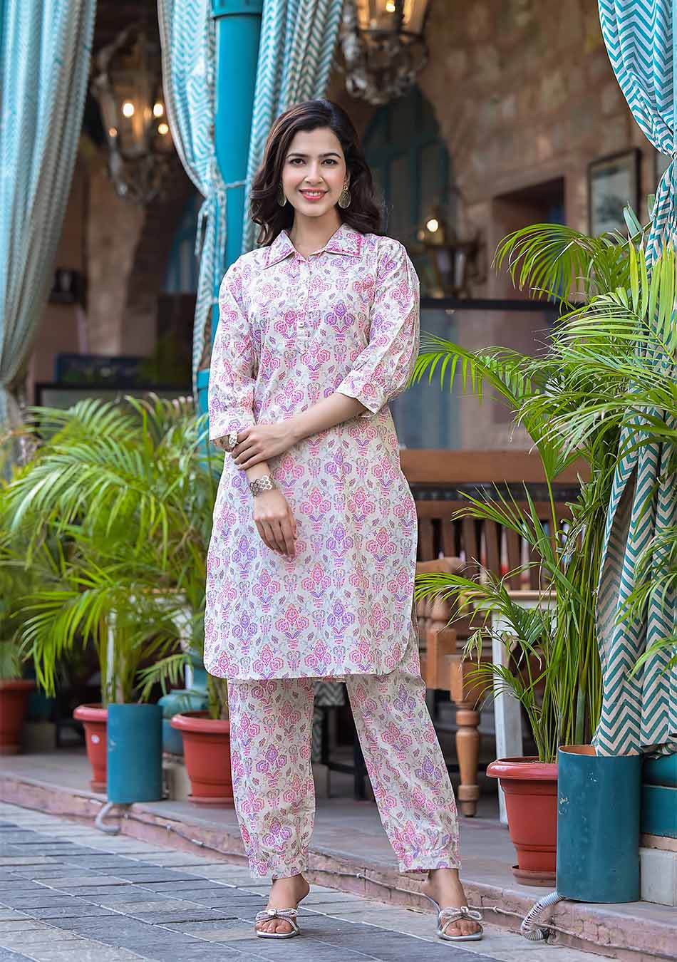 Pink & Purple Floral Print Shirt Style Kurta Hem Cuffed Pant Set