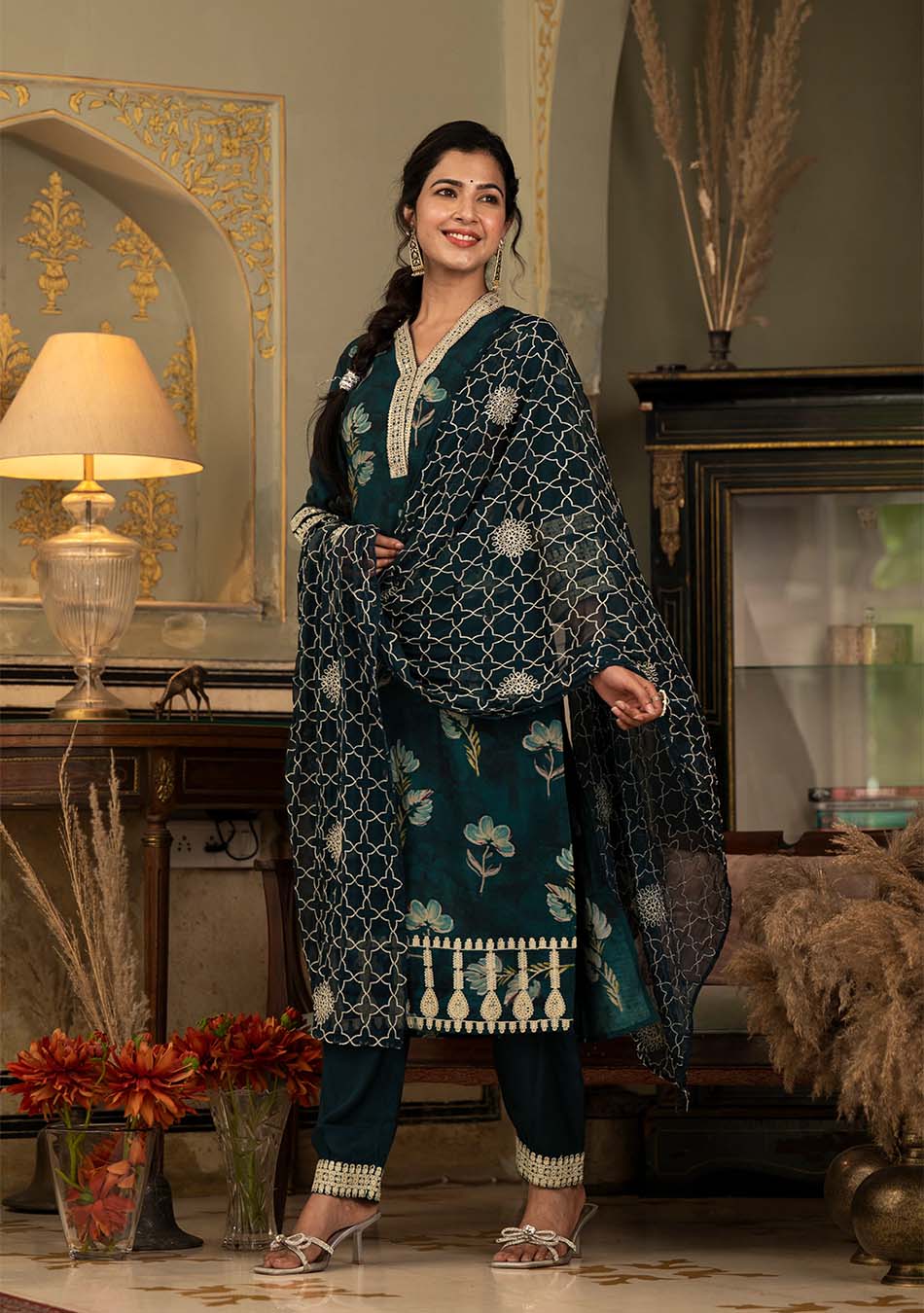 Emerald Green Muslin silk with Intricate Dupatta Embroidery with Zari work