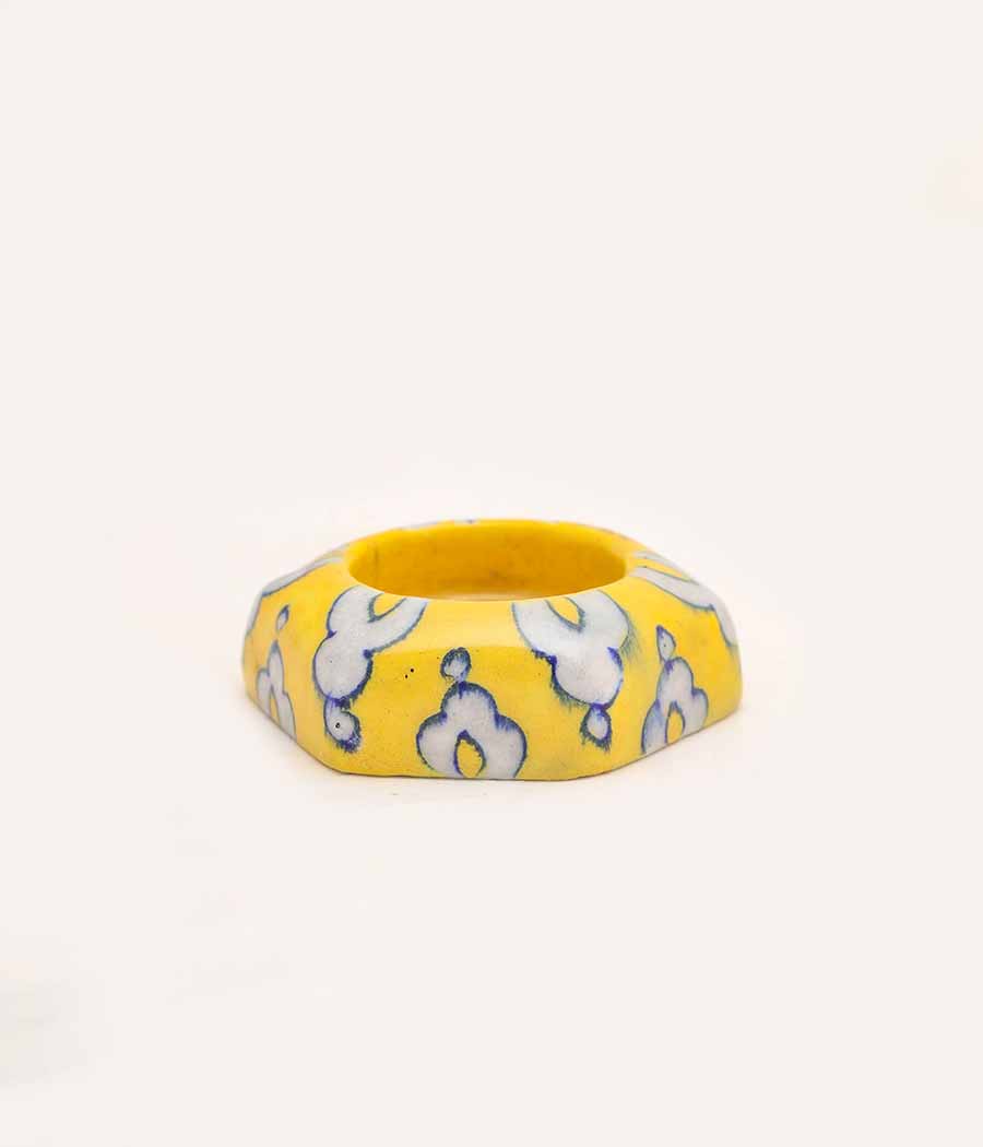 Blue Pottery Hexagon design with Yellow flower Diya - Set of 6