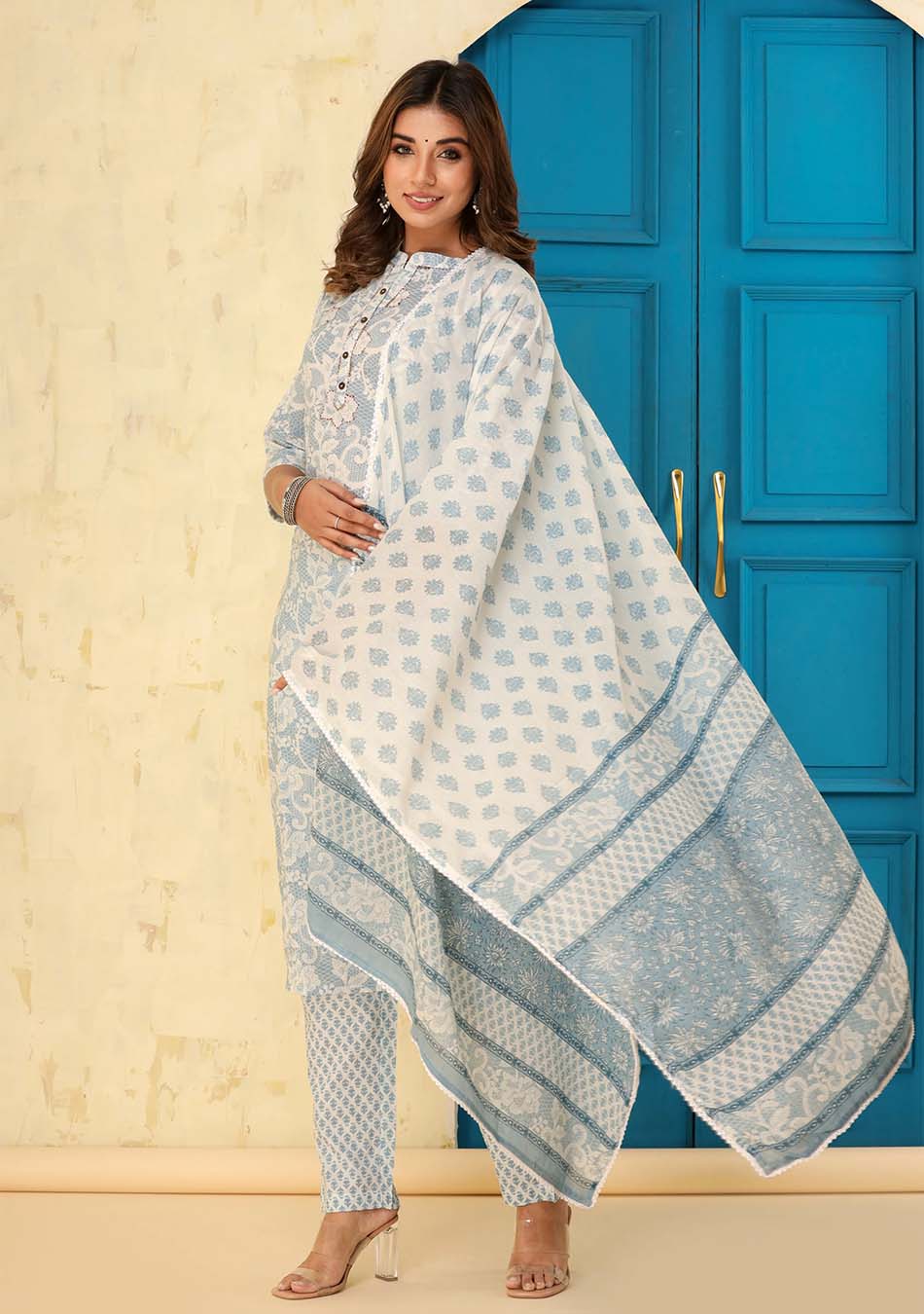 Sky Blue-White Floral Print Kurta Pant Set with Dupatta