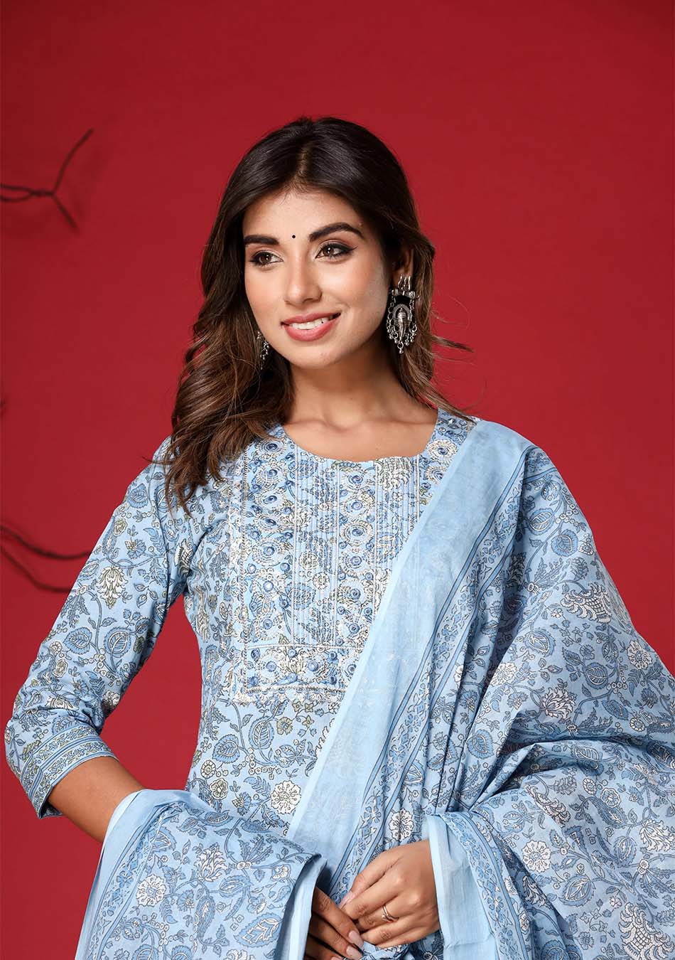 Sky Blue Floral Print Kurta Pant Set with Dupatta