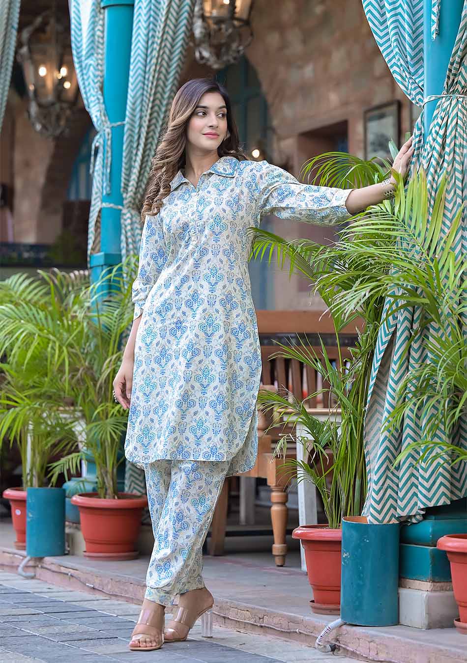 Blue Floral Print Shirt Style Kurta Hem Cuffed Pant Set