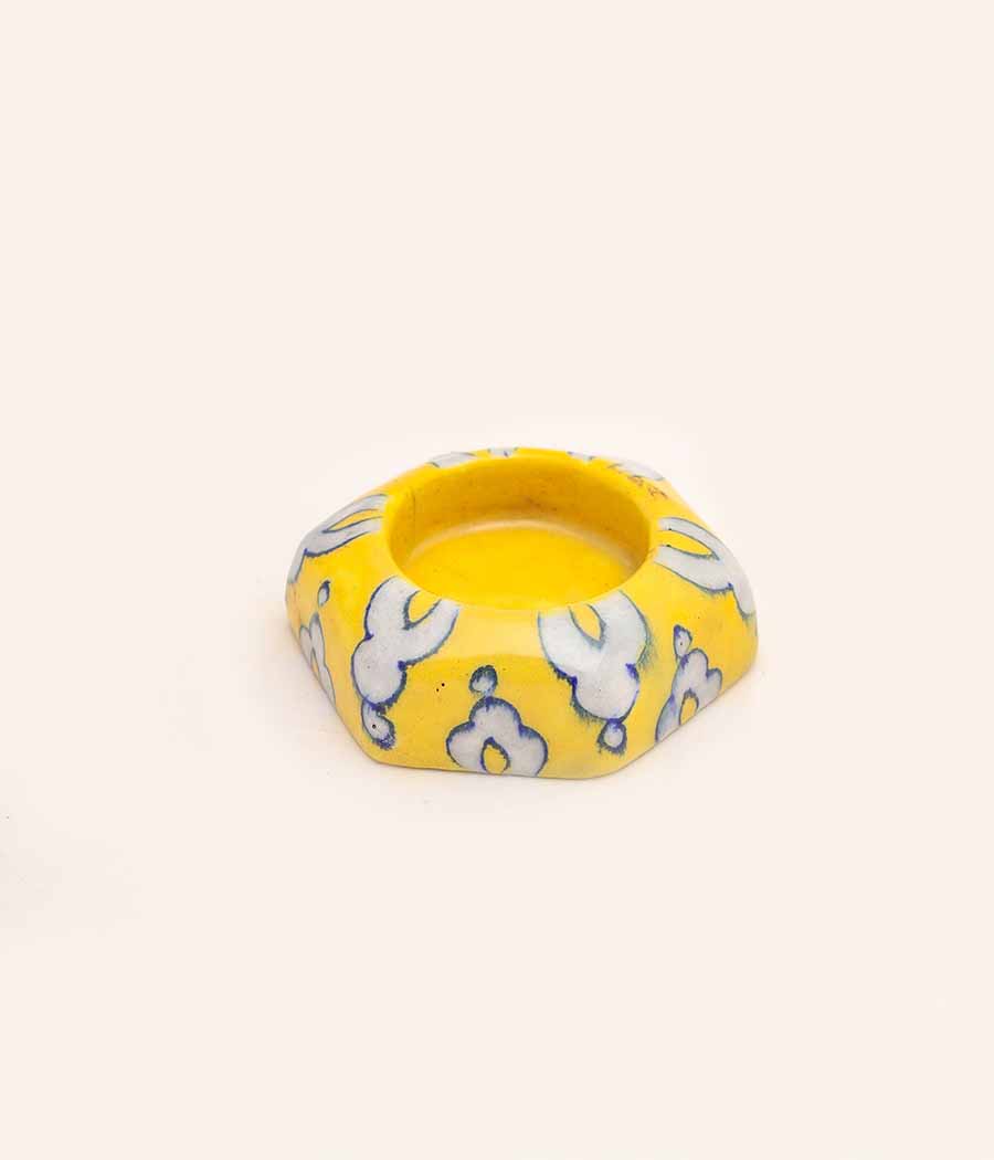 Blue Pottery Hexagon design with Yellow flower Diya
