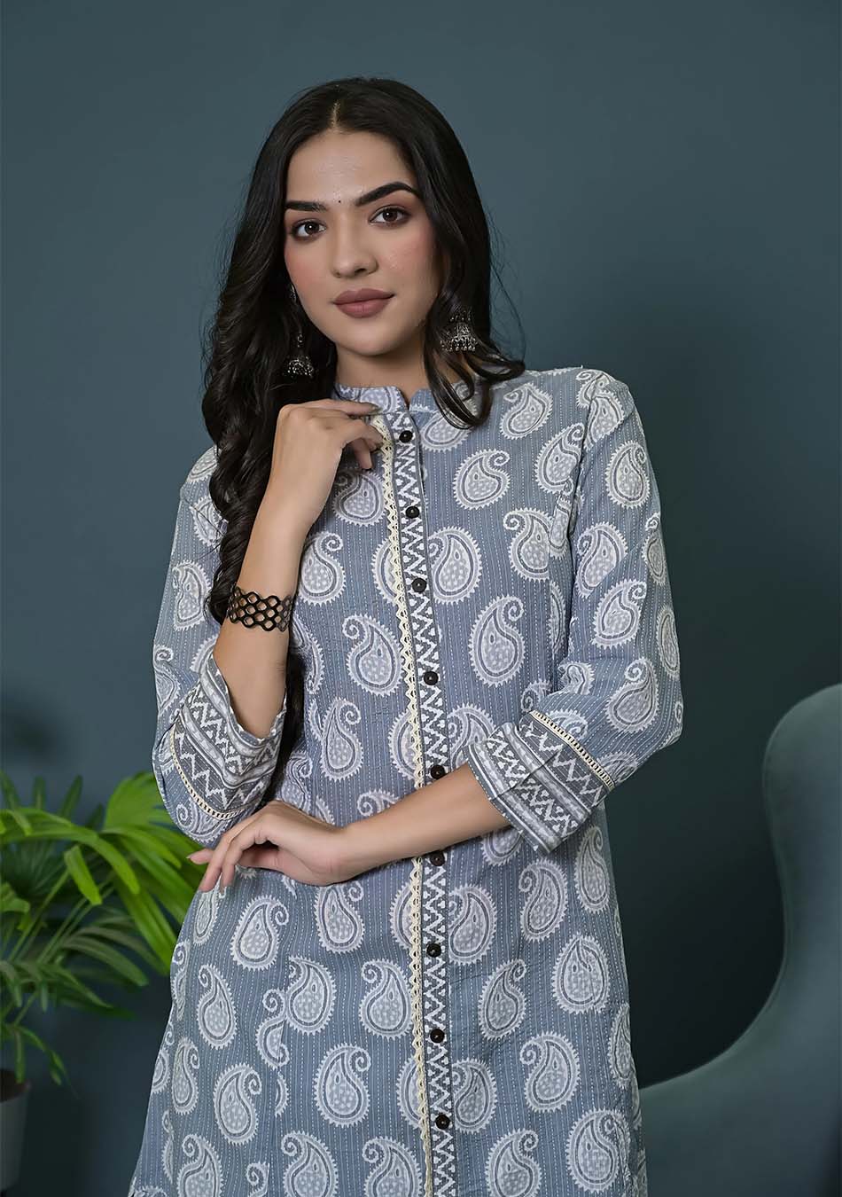 Grey Paisley Print Kurta